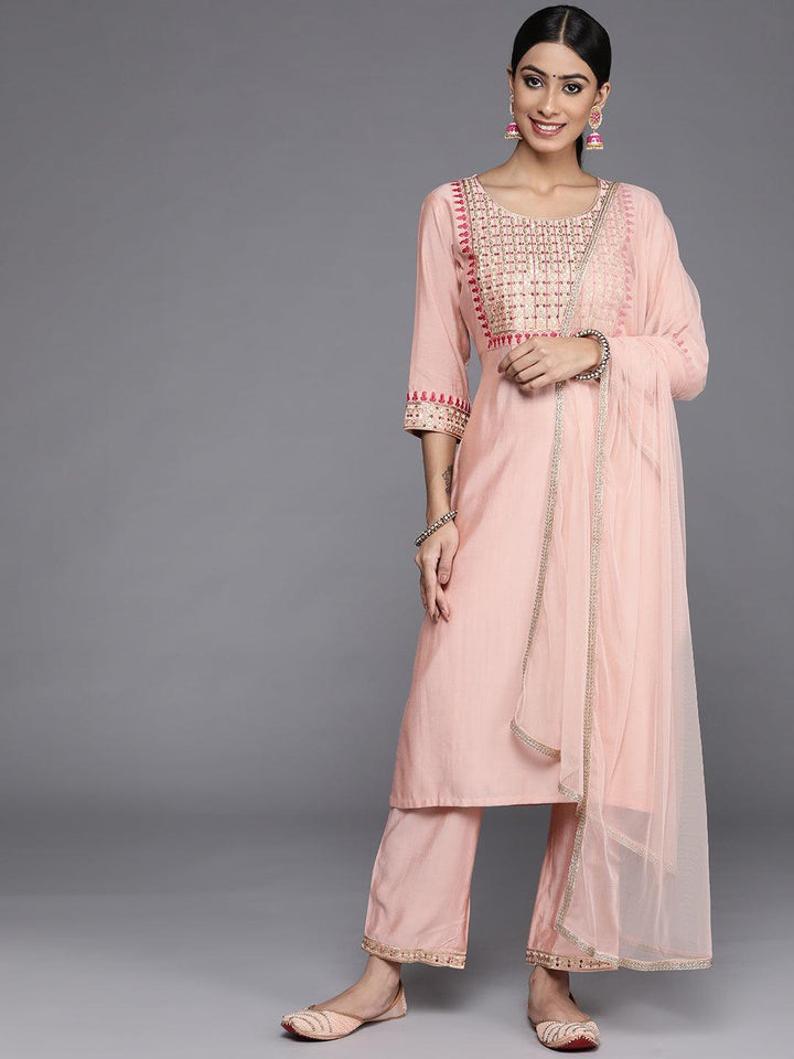 Peach Yoke Design Silk Blend Straight Suit Set With Trousers - Libas