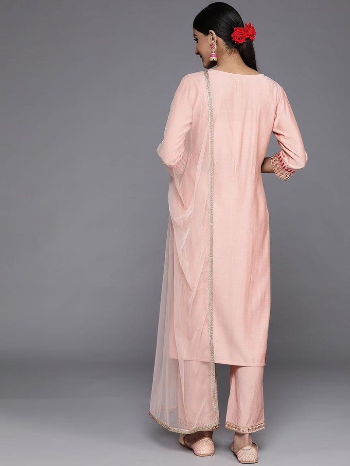 Peach Yoke Design Silk Blend Straight Suit Set With Trousers - Libas