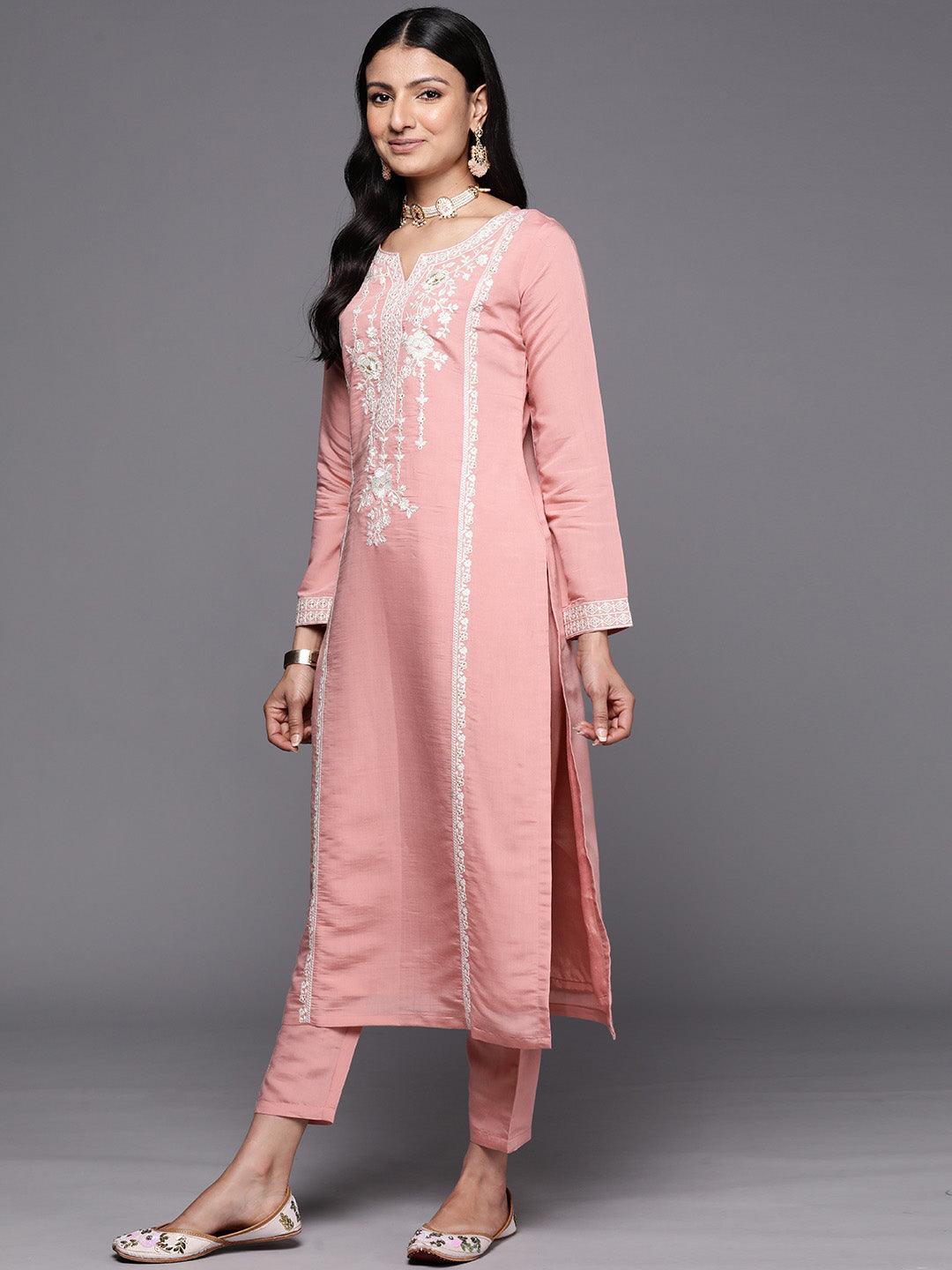 Peach Yoke Design Silk Blend Straight Suit Set With Trousers - ShopLibas 