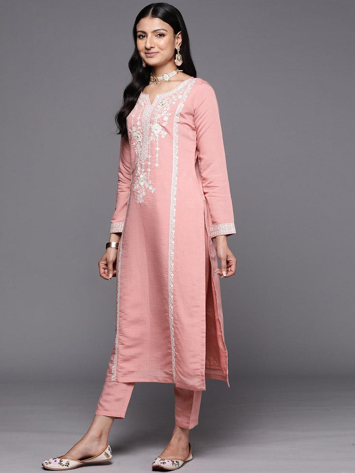 Peach Yoke Design Silk Blend Straight Suit Set With Trousers