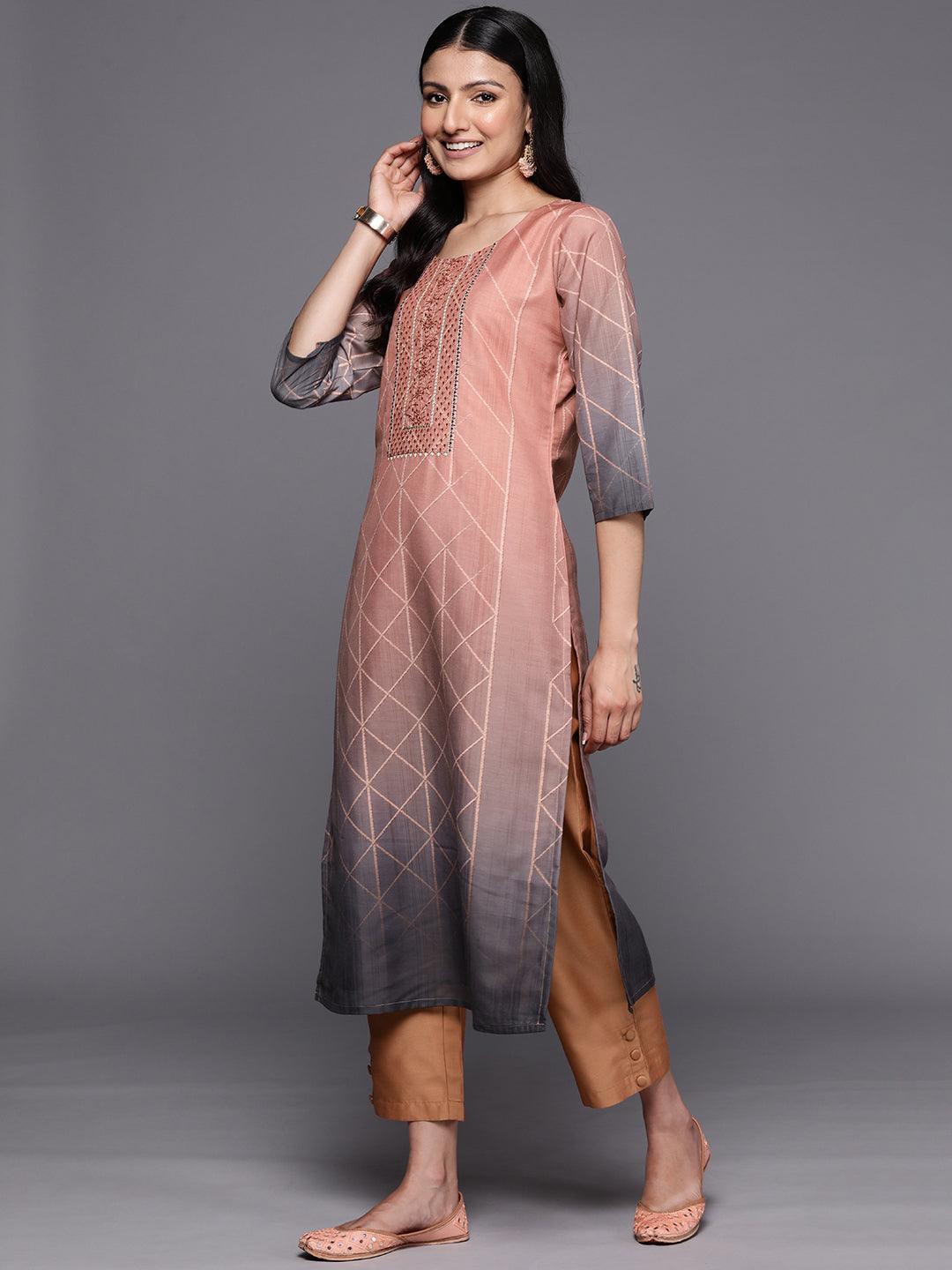 Peach Yoke Design Silk Blend Straight Suit Set With Trousers - ShopLibas