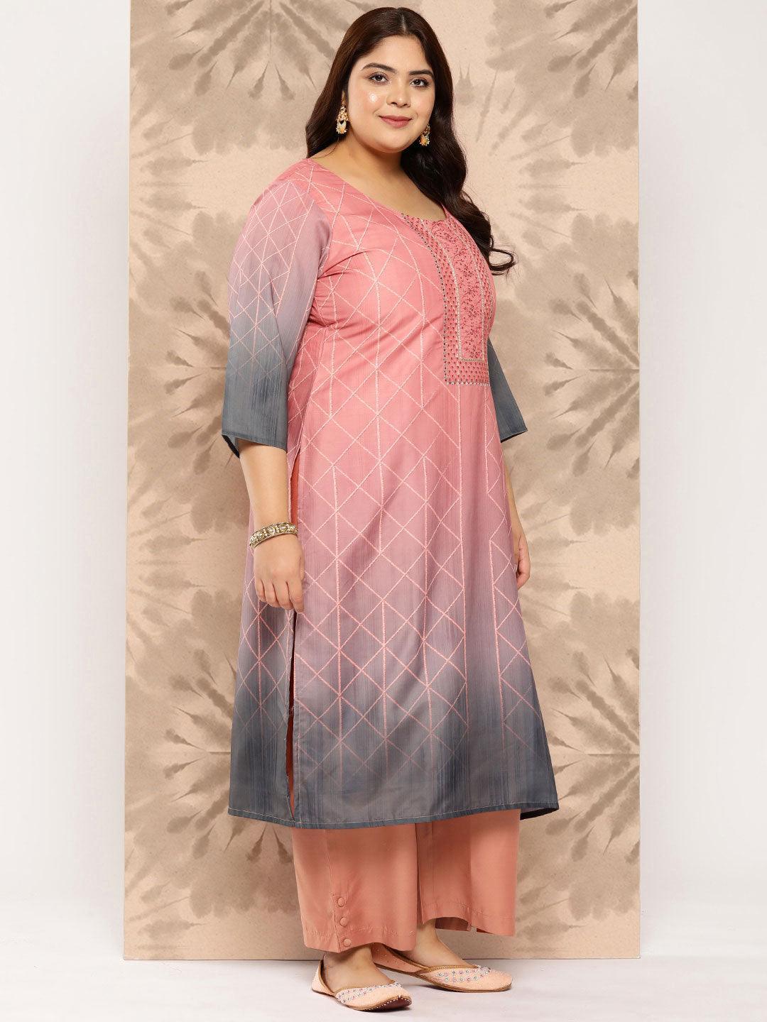 Peach Yoke Design Silk Blend Straight Kurta With Trousers and Dupatta - Libas 