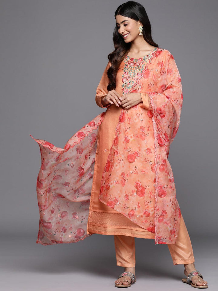 Peach Yoke Design Silk Blend Straight Suit Set With Trousers