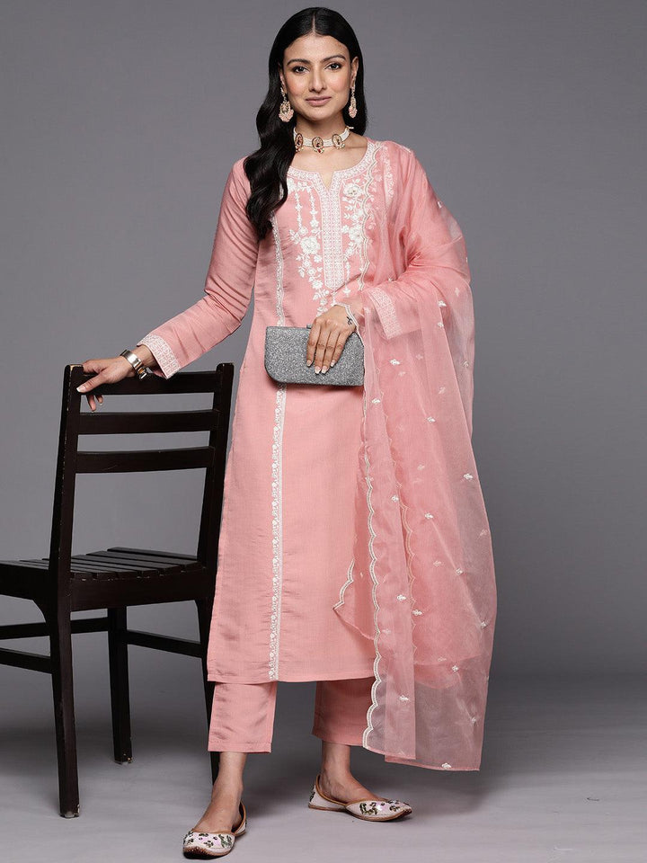Peach Yoke Design Silk Blend Straight Suit Set With Trousers