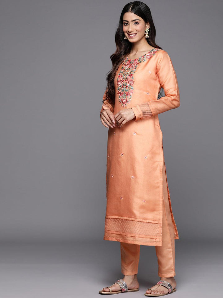Peach Yoke Design Silk Blend Straight Suit Set With Trousers