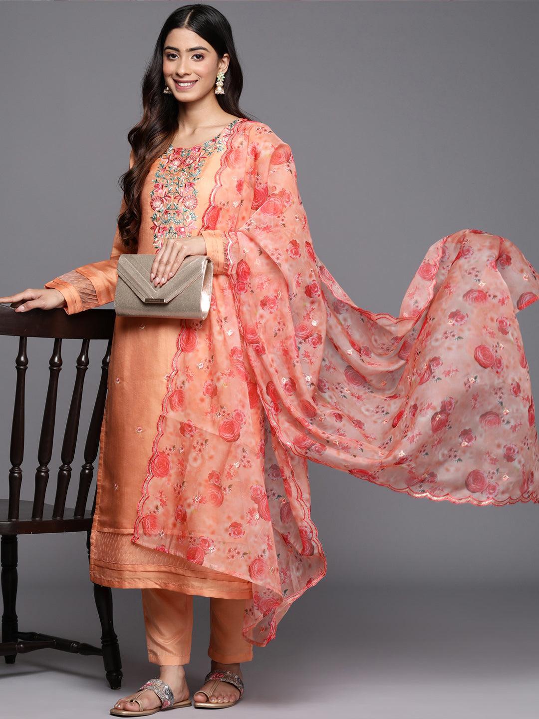 Peach Yoke Design Silk Blend Straight Suit Set With Trousers - ShopLibas 