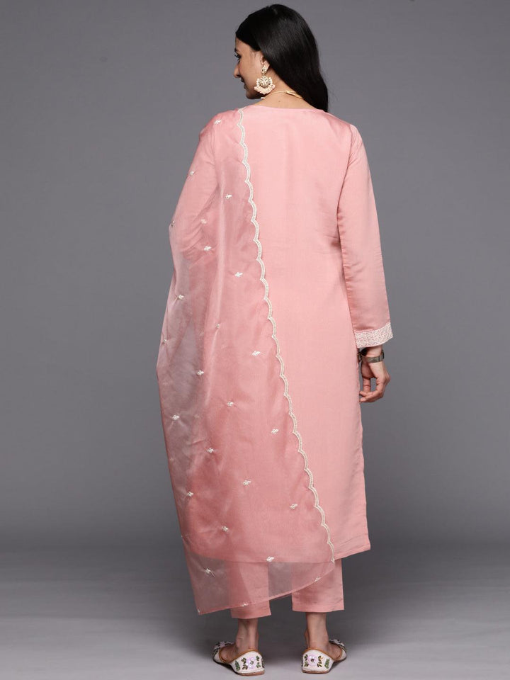Peach Yoke Design Silk Blend Straight Suit Set With Trousers
