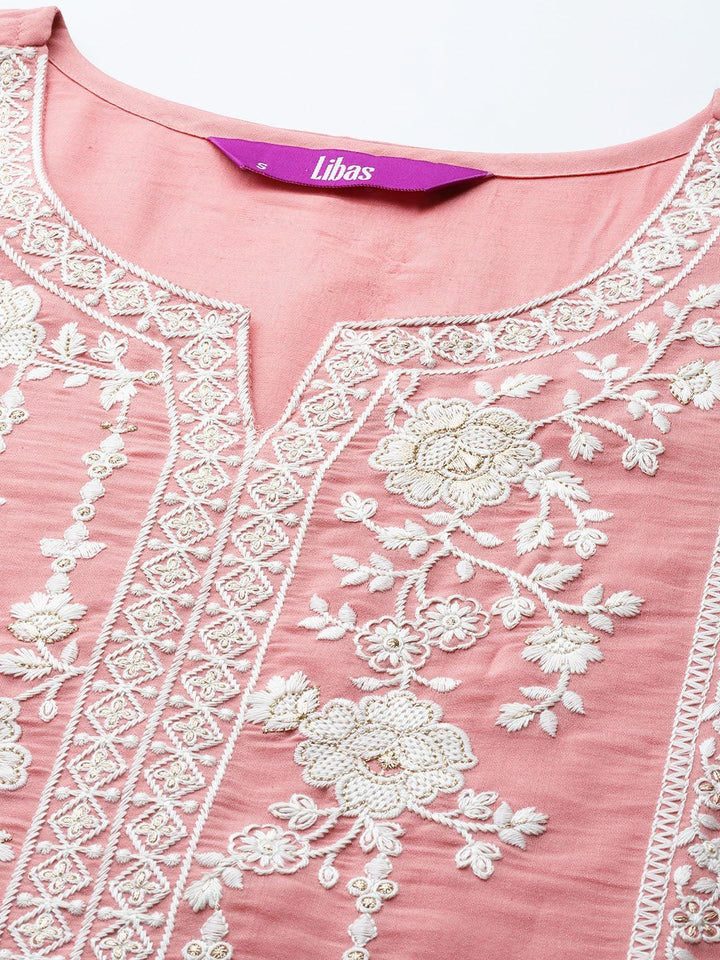 Peach Yoke Design Silk Blend Straight Suit Set With Trousers