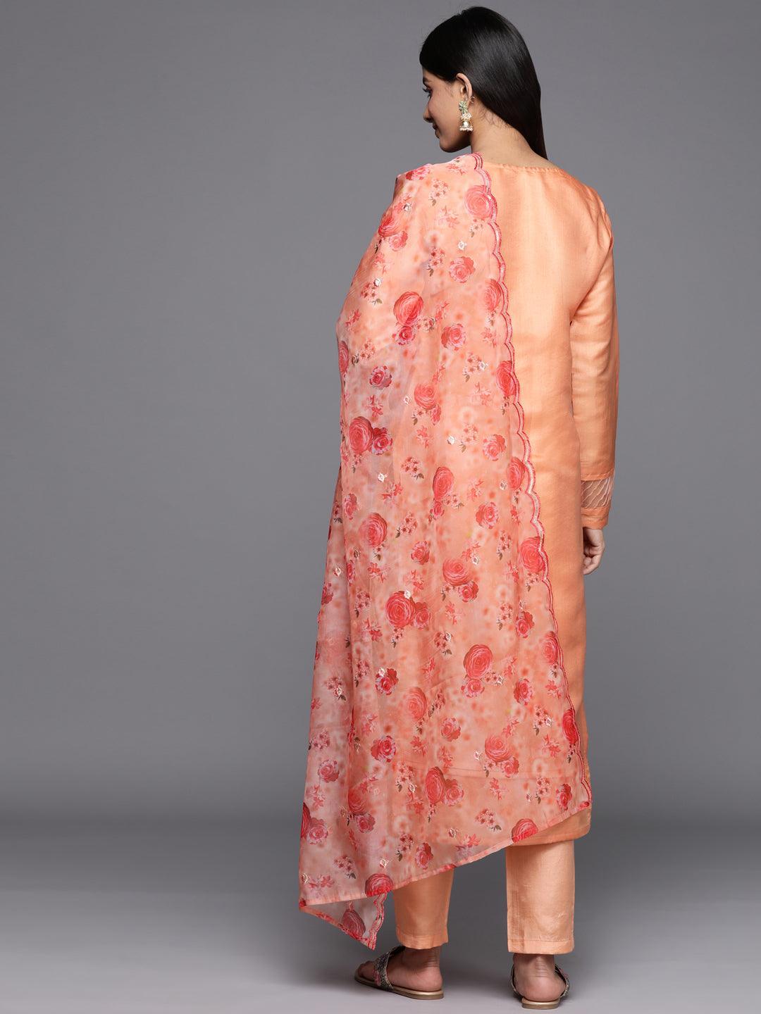 Peach Yoke Design Silk Blend Straight Suit Set With Trousers - ShopLibas 