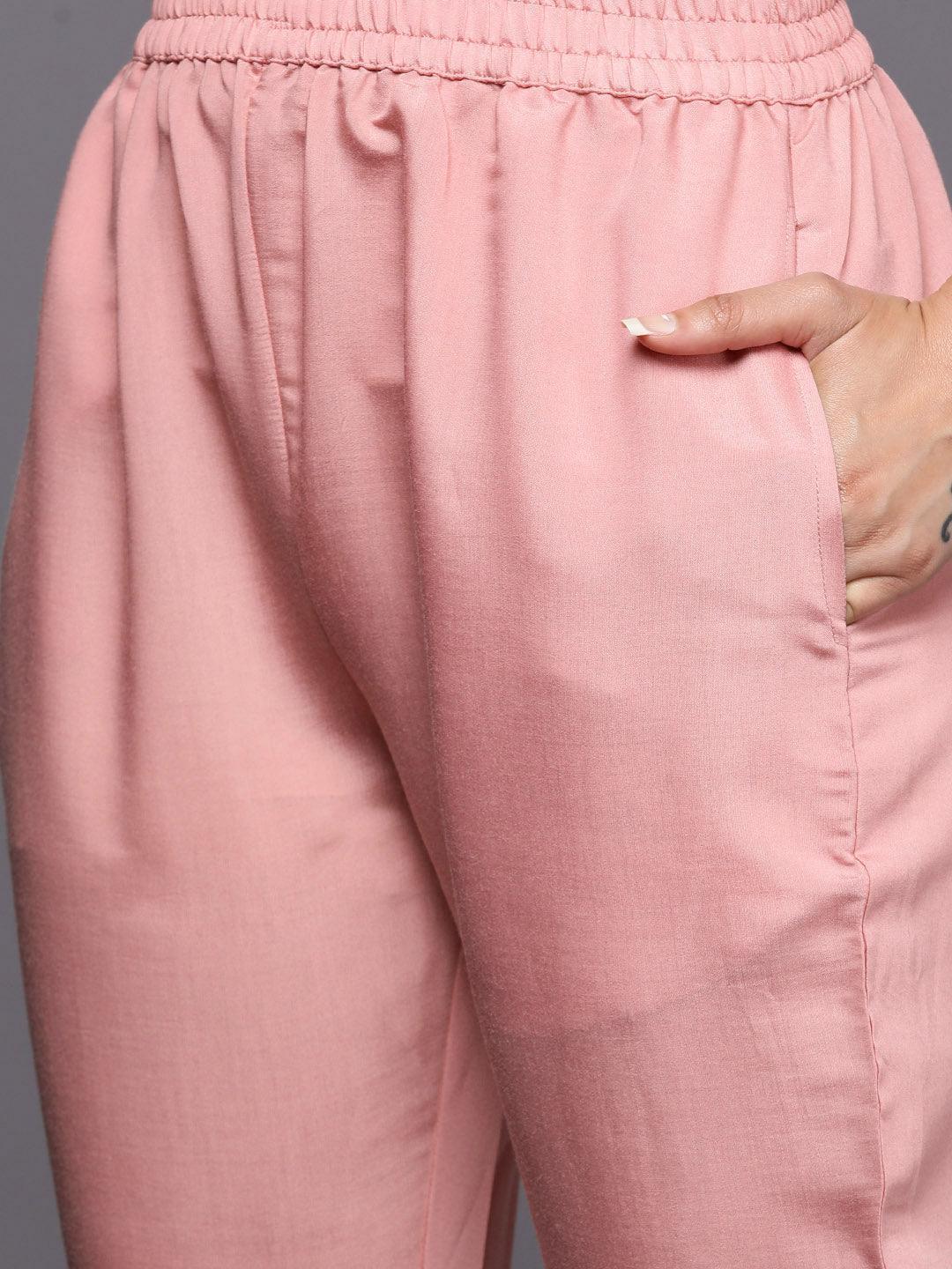 Peach Yoke Design Silk Blend Straight Suit Set With Trousers - ShopLibas 