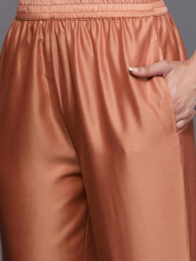 Peach Yoke Design Silk Blend Straight Suit Set With Trousers - ShopLibas