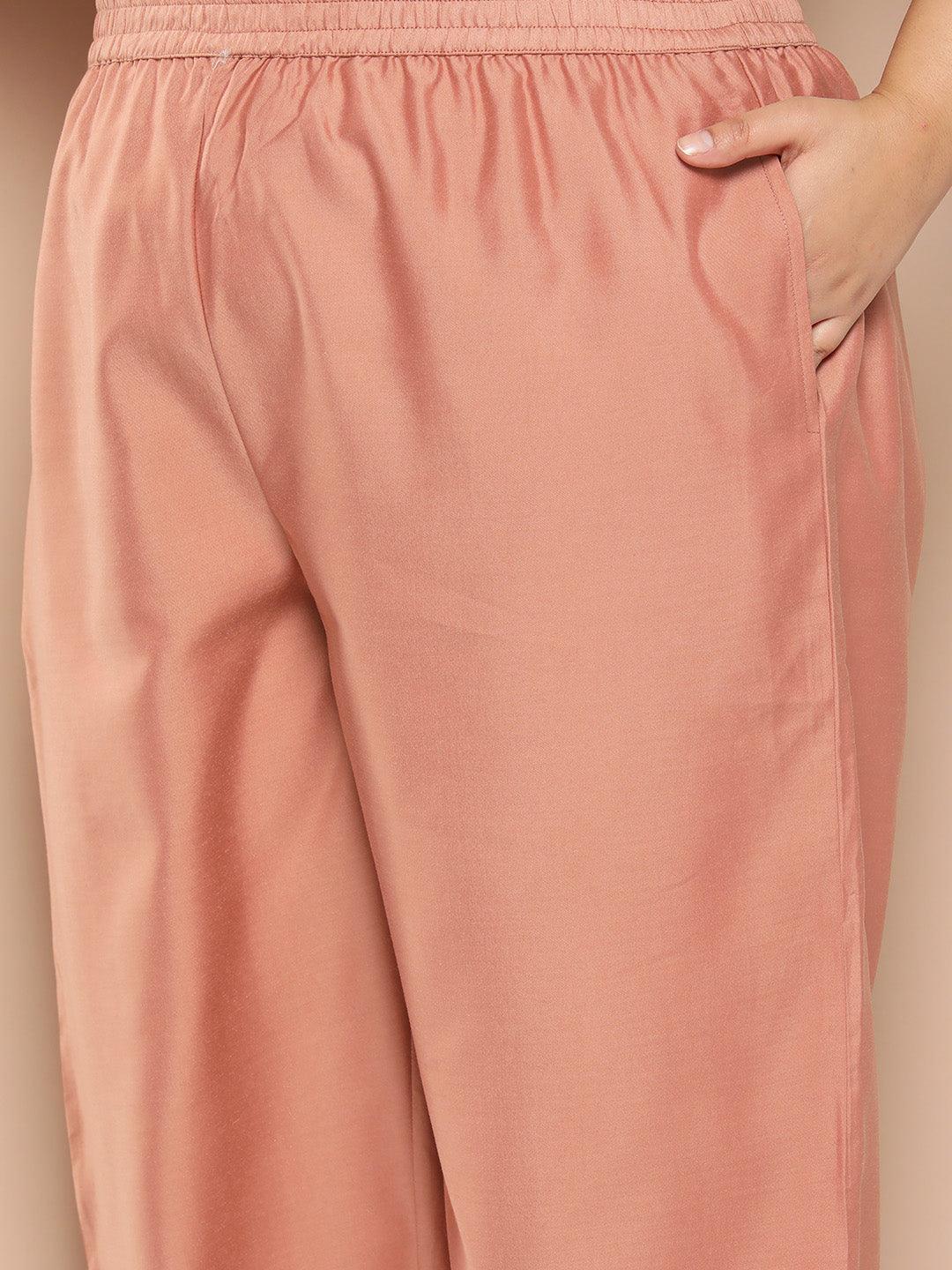 Peach Yoke Design Silk Blend Straight Kurta With Trousers and Dupatta - Libas 