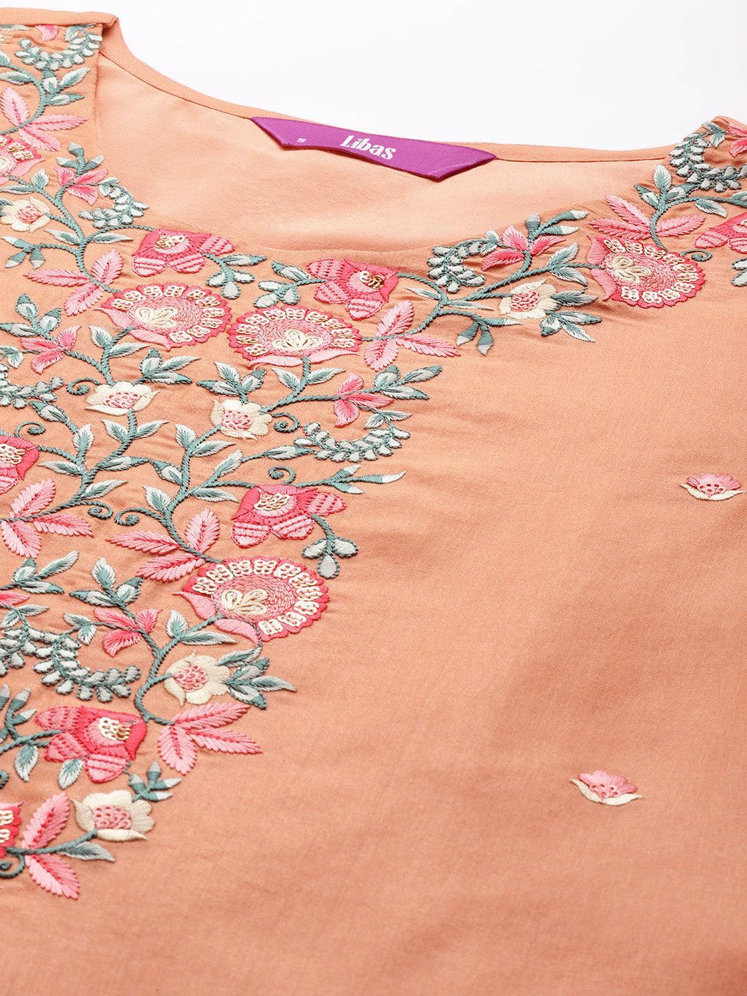 Peach Yoke Design Silk Blend Straight Suit Set With Trousers - ShopLibas 