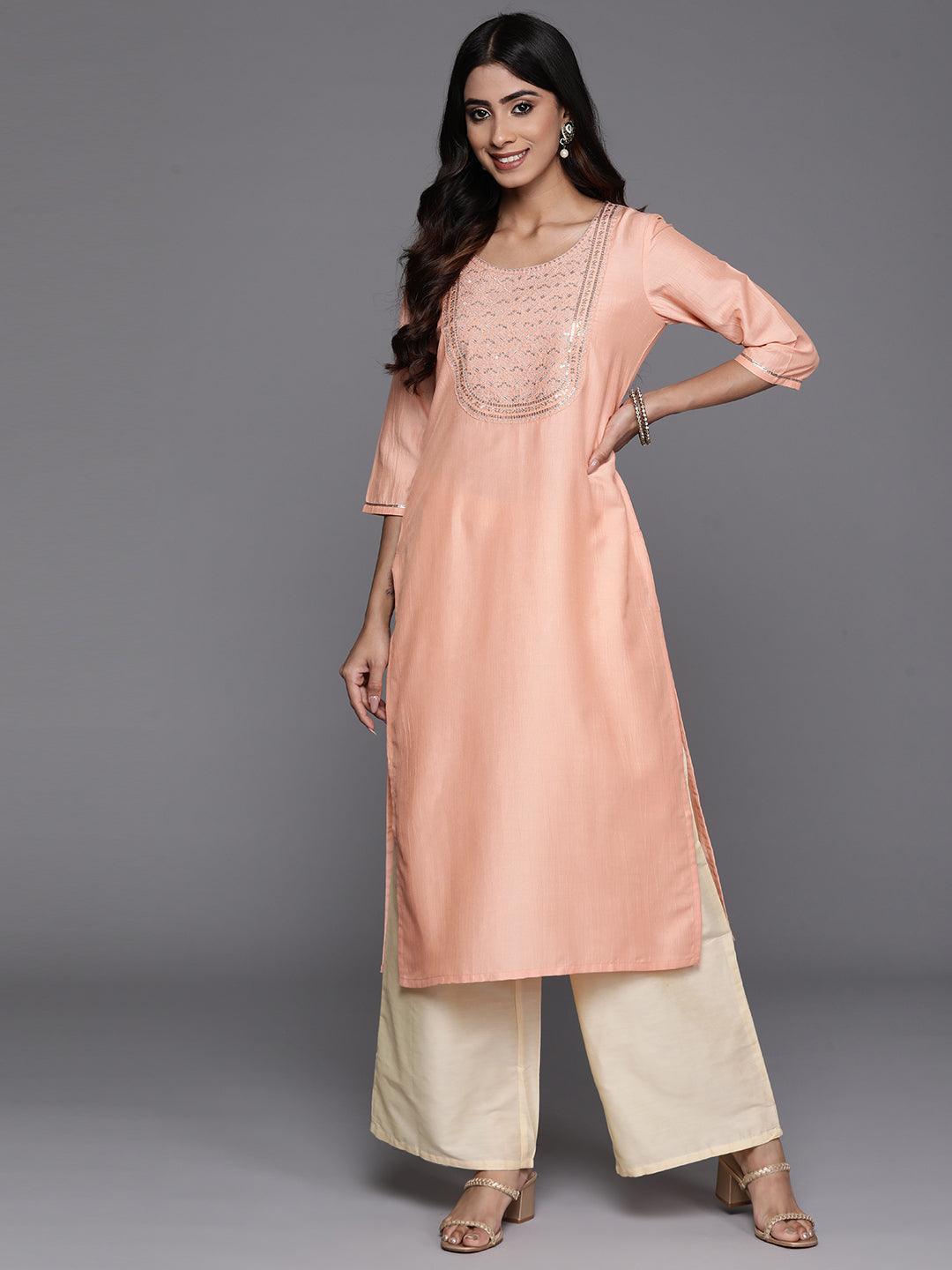 Peach Yoke Design Silk Straight Kurta - Libas