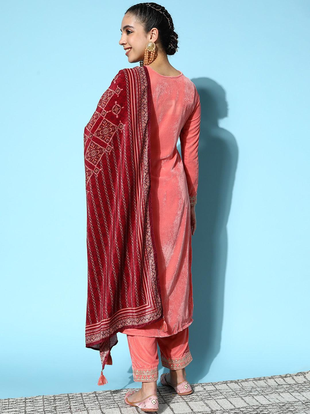 Peach Yoke Design Velvet Straight Suit Set - ShopLibas 
