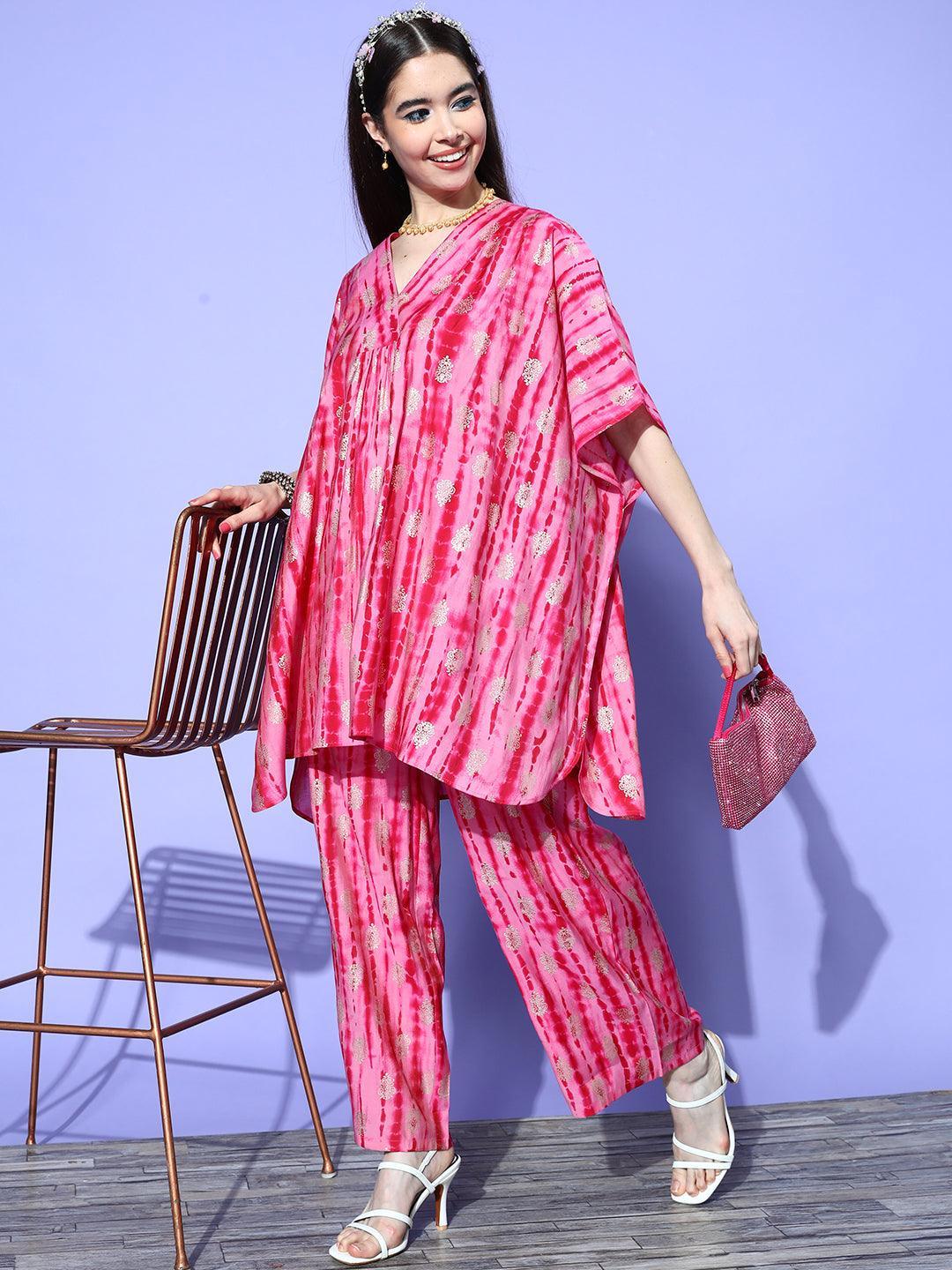 Pink Dyed Silk Blend Kaftan Kurta Set With Palazzos - ShopLibas 