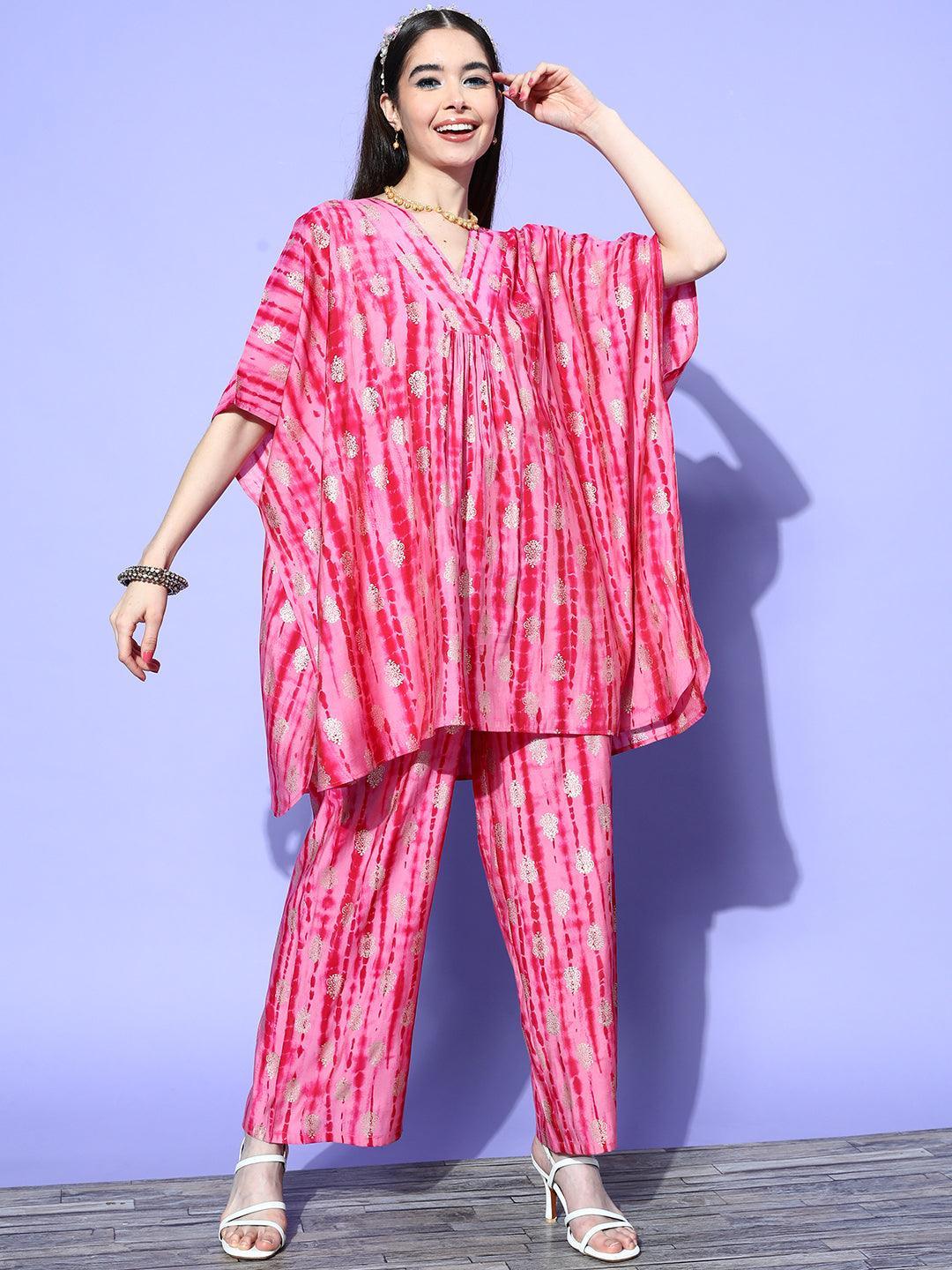 Pink Dyed Silk Blend Kaftan Kurta Set With Palazzos - ShopLibas 