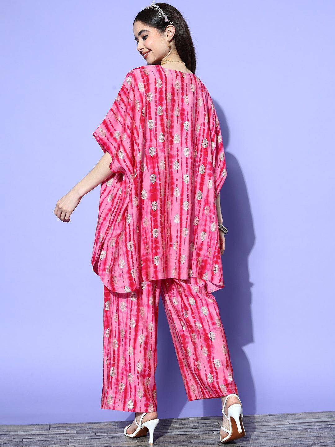 Pink Dyed Silk Blend Kaftan Kurta Set With Palazzos - ShopLibas 