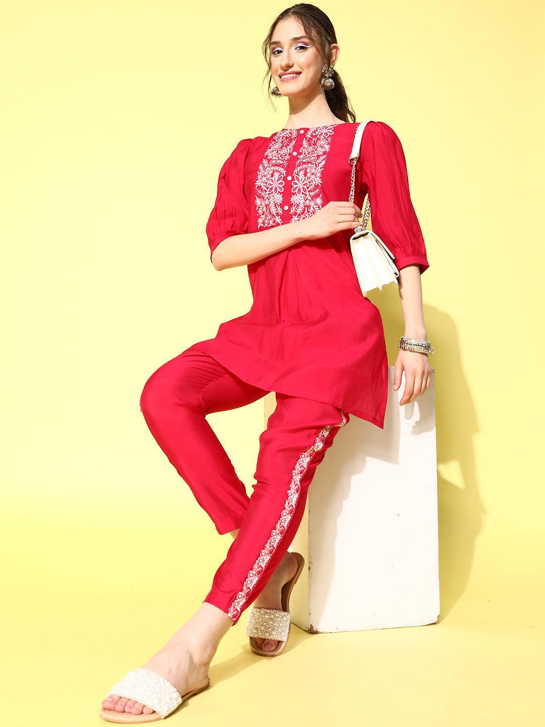 Pink Embellished Silk Blend Co-Ords - ShopLibas 