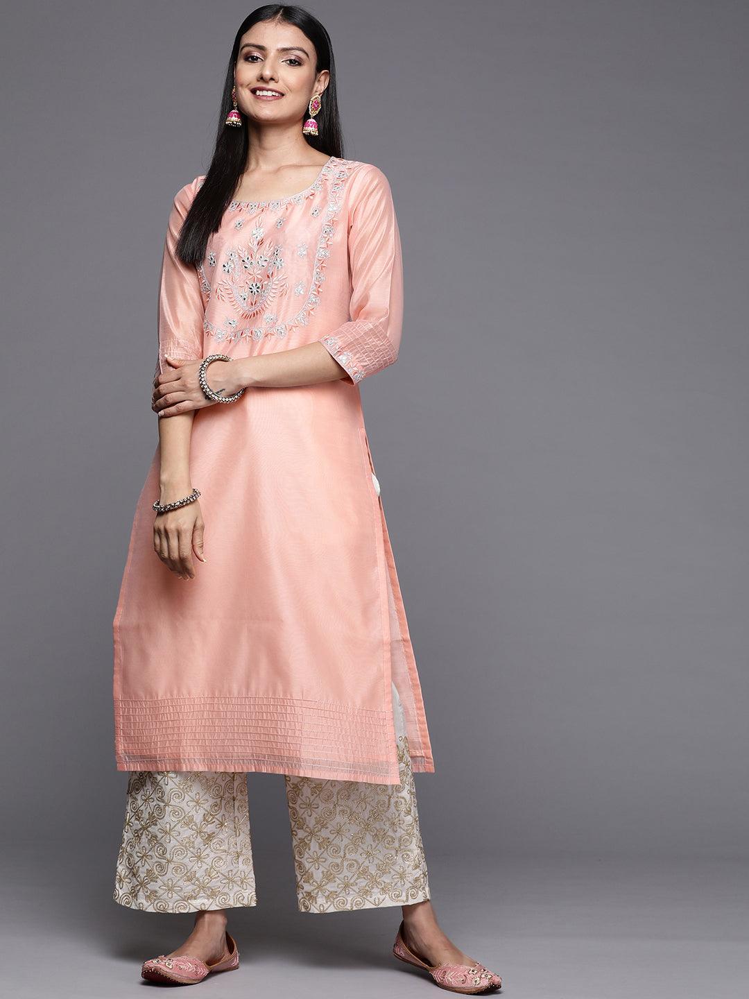 Pink Embroidered Chanderi Silk Straight Kurta - Libas