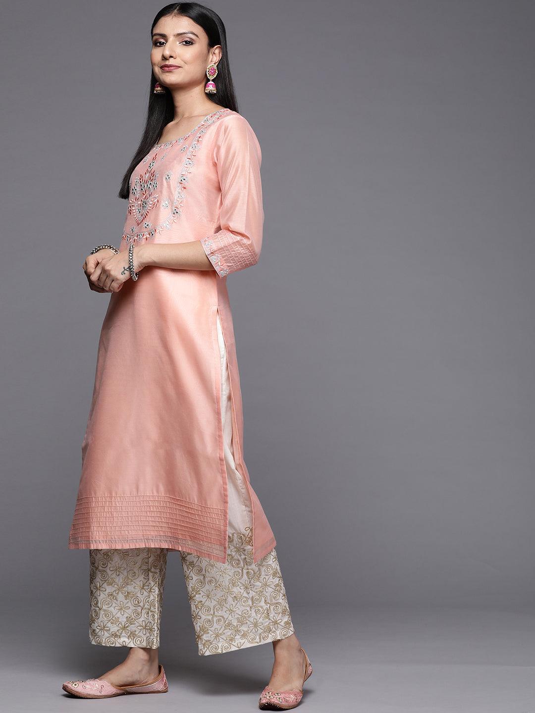 Pink Embroidered Chanderi Silk Straight Kurta - Libas 