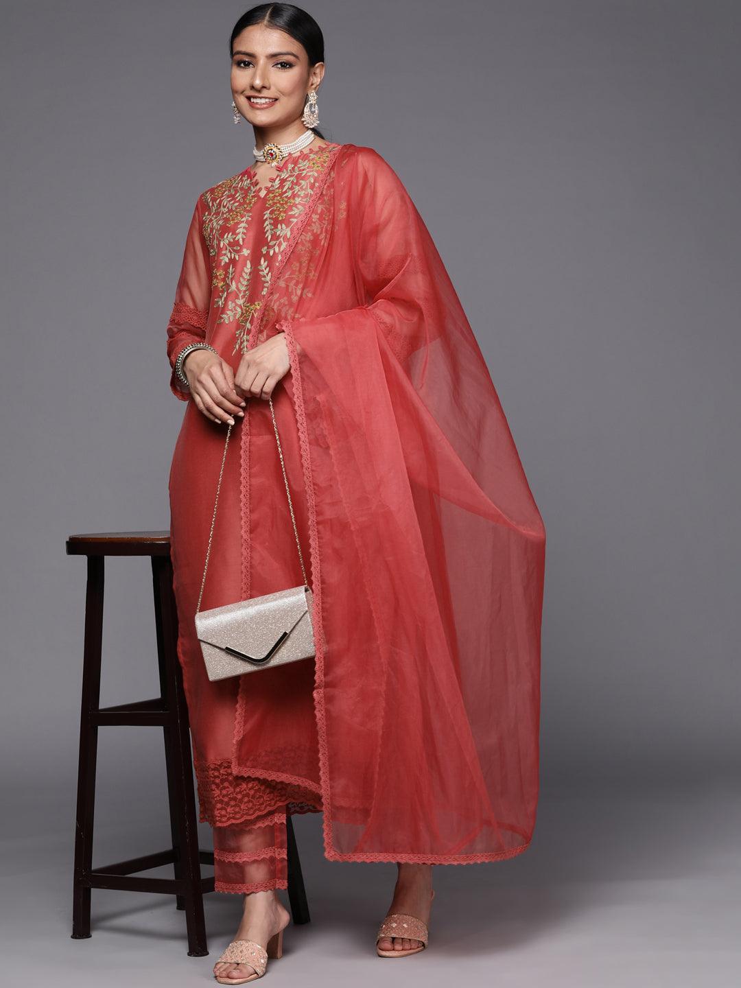 Pink Embroidered Chanderi Silk Straight Suit Set - ShopLibas 