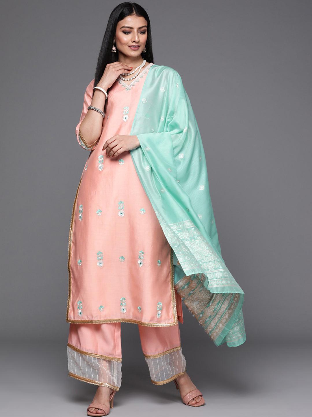 Pink Embroidered Chanderi Silk Suit Set - ShopLibas