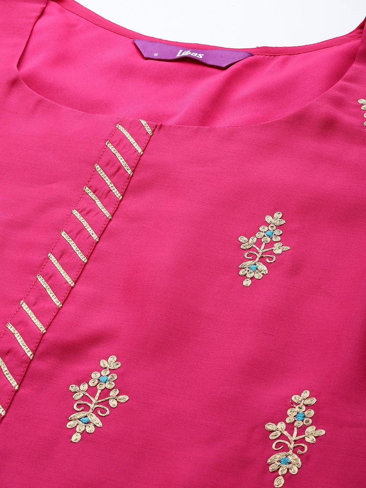 Pink Embroidered Chanderi Silk Straight Suit Set - ShopLibas