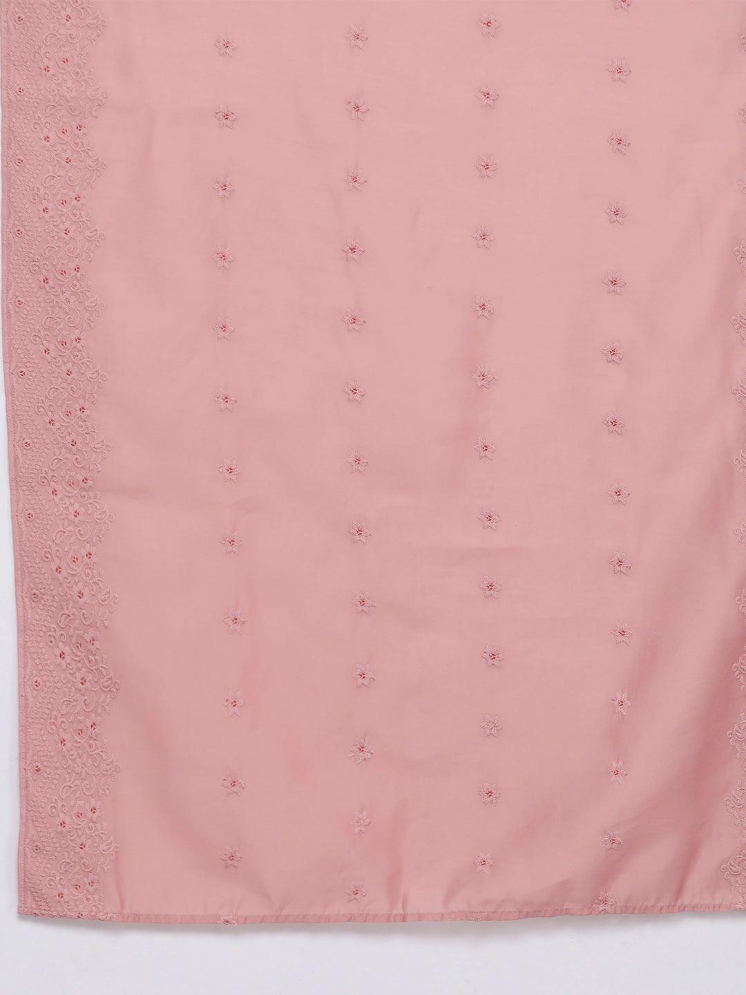 Pink Embroidered Chanderi Silk Straight Kurta With Trousers & Dupatta - Libas 
