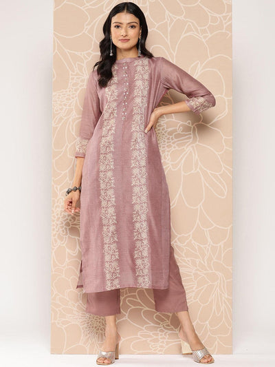 Pink Embroidered Chanderi Silk Straight Kurta With Trousers - Libas