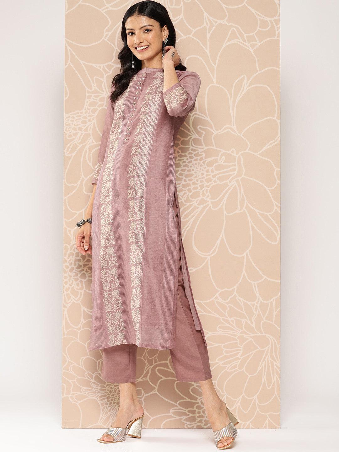 Pink Embroidered Chanderi Silk Straight Kurta With Trousers - Libas 
