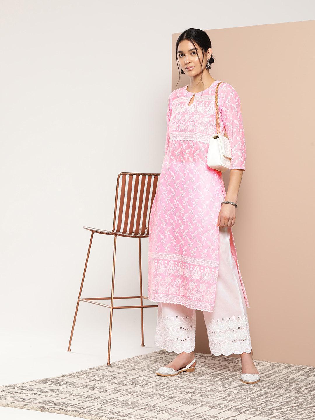 Pink Embroidered Cotton Straight Kurta - ShopLibas 