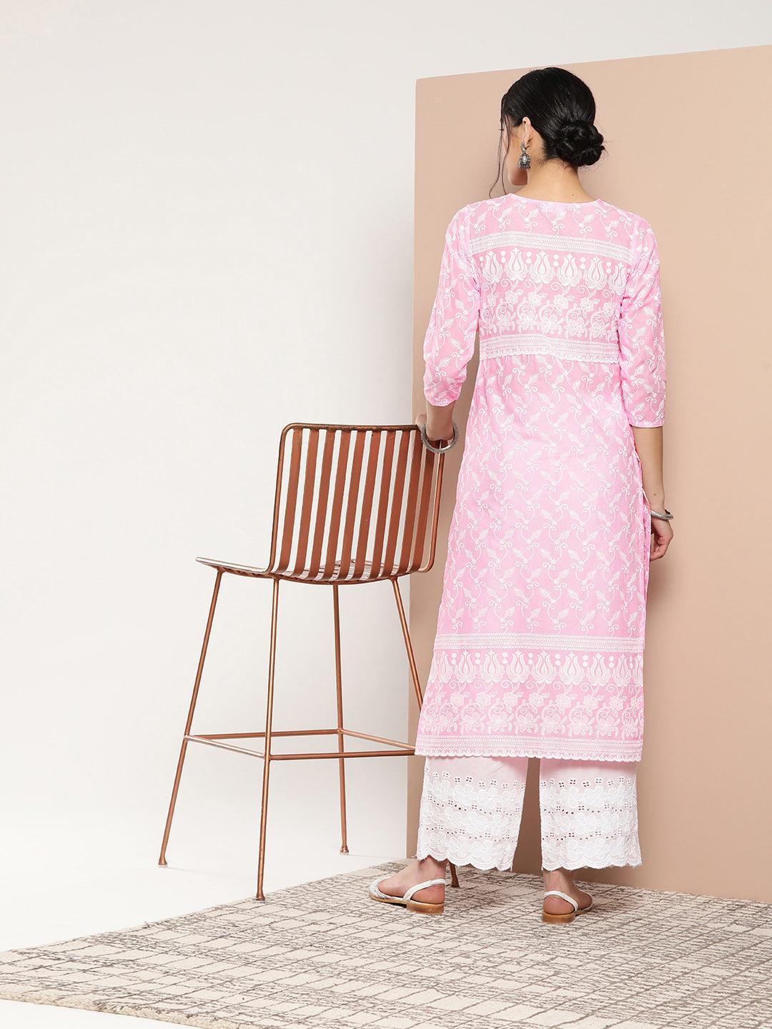 Pink Embroidered Cotton Straight Kurta - ShopLibas