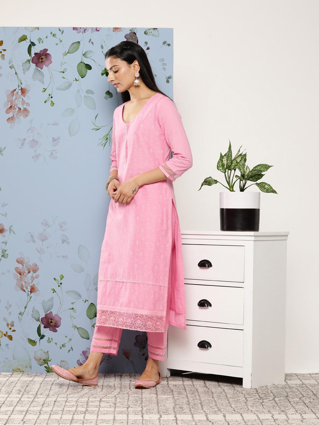 Pink Embroidered Cotton Suit Set With Trousers - ShopLibas 