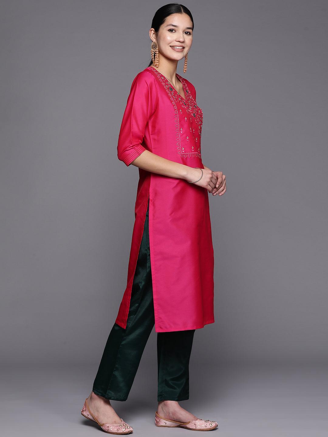 Pink Embroidered Cotton Straight Suit Set With Trousers - ShopLibas 