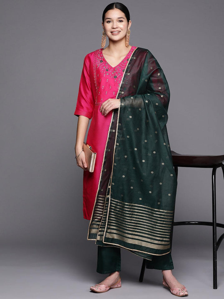 Pink Embroidered Cotton Straight Suit Set With Trousers