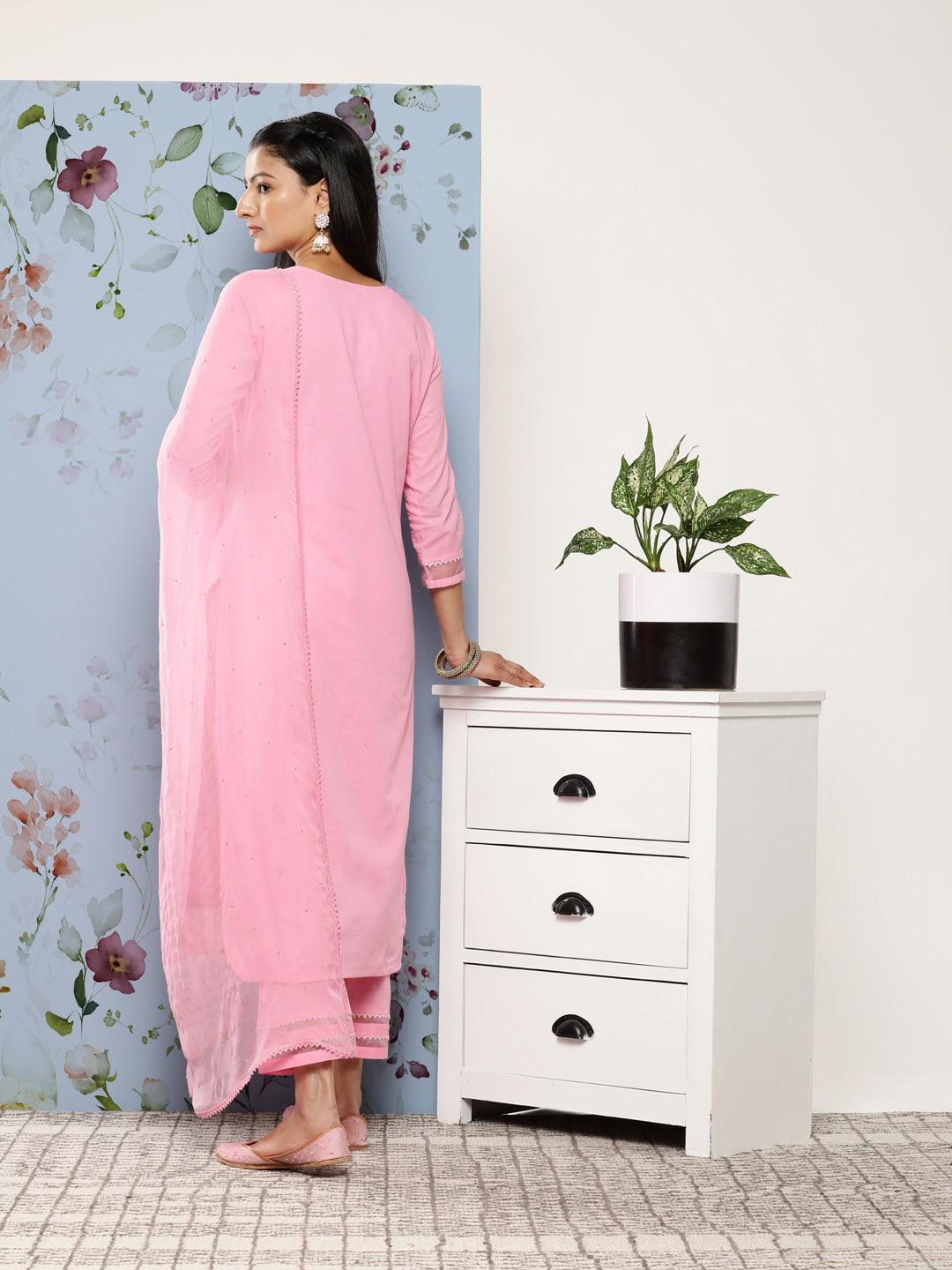 Pink Embroidered Cotton Suit Set With Trousers - ShopLibas 