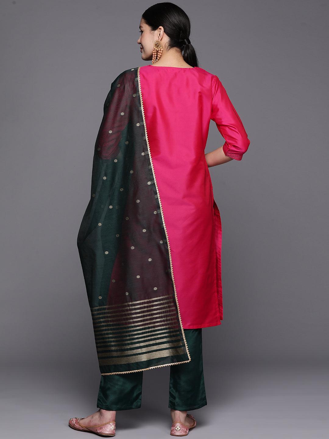 Pink Embroidered Cotton Straight Suit Set With Trousers - ShopLibas 