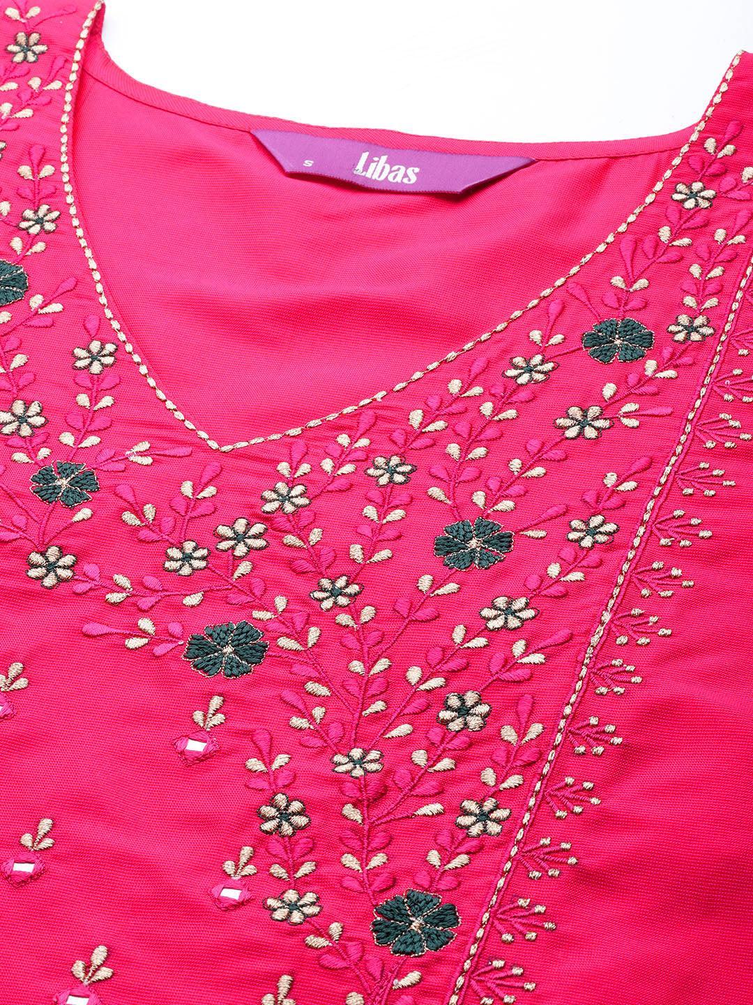 Pink Embroidered Cotton Straight Suit Set With Trousers - ShopLibas 