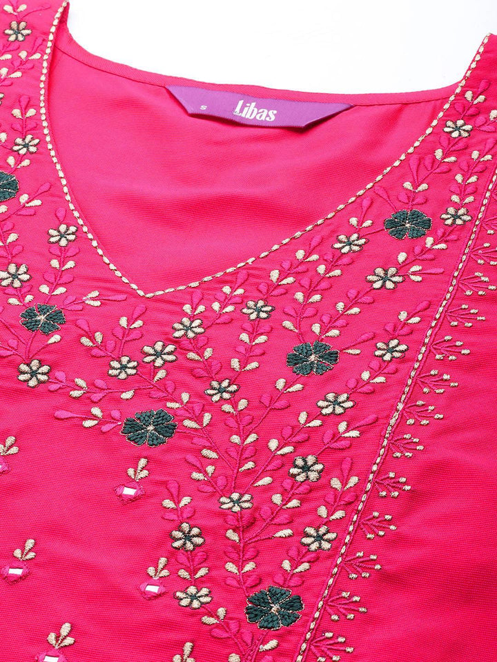 Pink Embroidered Cotton Straight Suit Set With Trousers