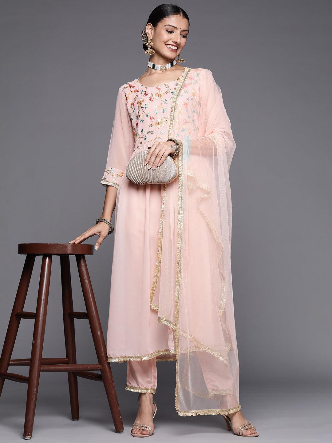 Pink Embroidered Georgette Anarkali Suit Set - ShopLibas 