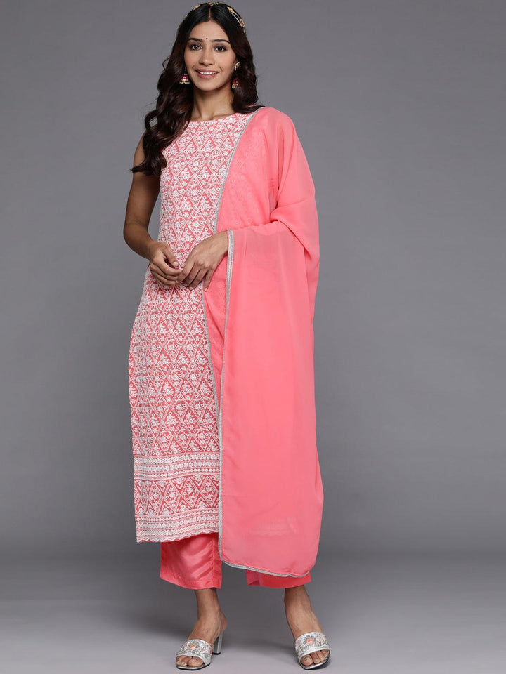 Pink Embroidered Georgette Straight Suit Set With Trousers - Libas