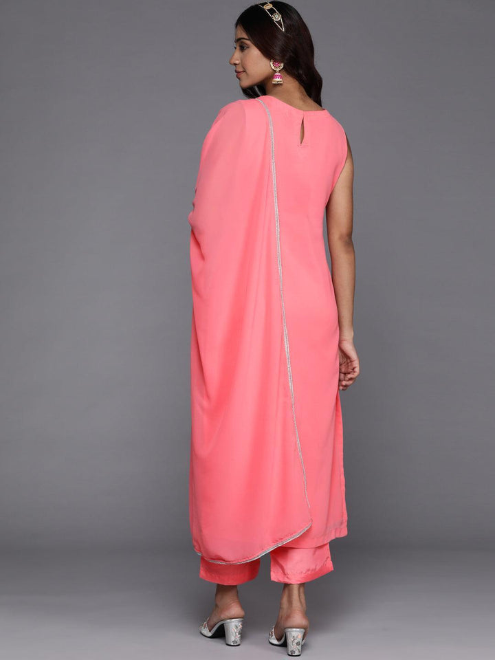 Pink Embroidered Georgette Straight Suit Set With Trousers - Libas