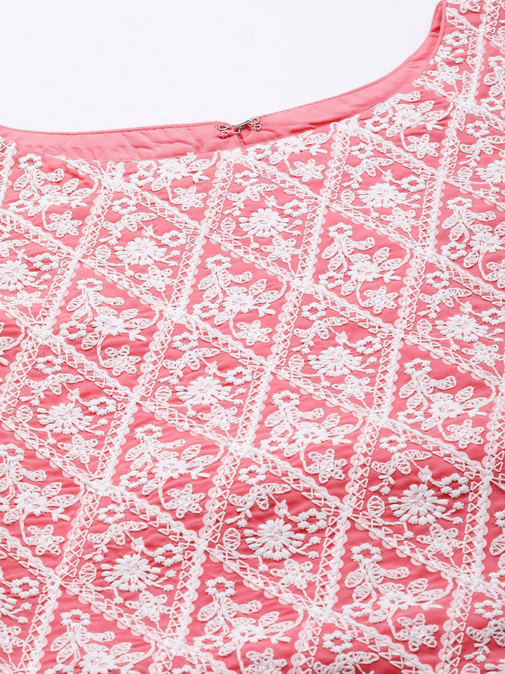 Pink Embroidered Georgette Straight Suit Set With Trousers - Libas