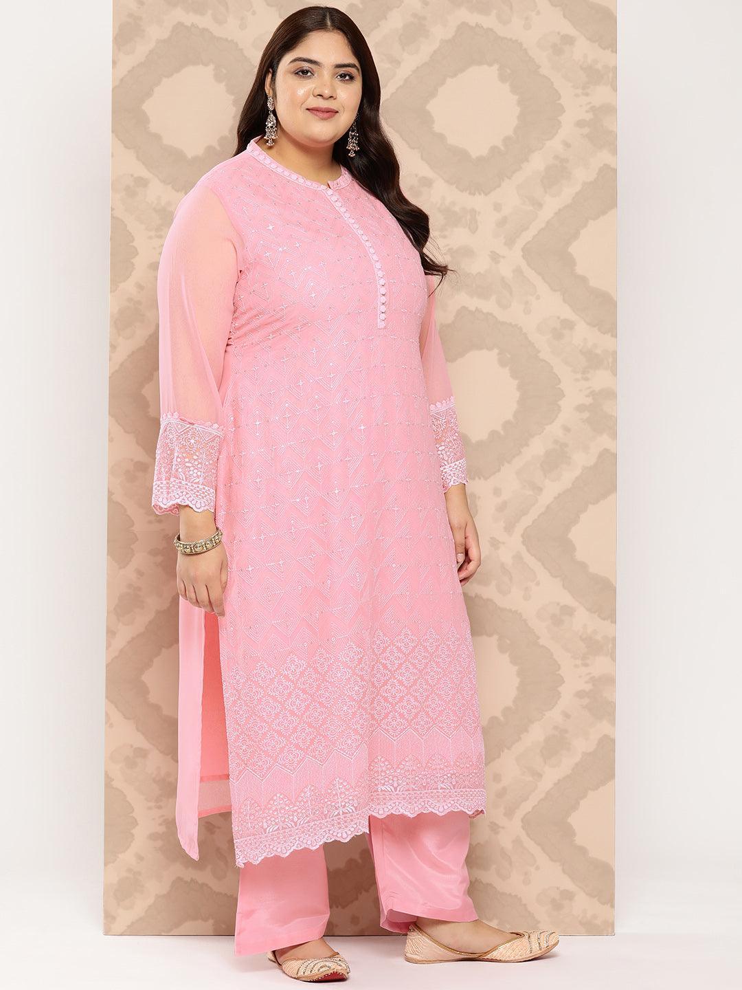 Pink Embroidered Georgette Straight Kurta With Trousers and Dupatta - Libas 