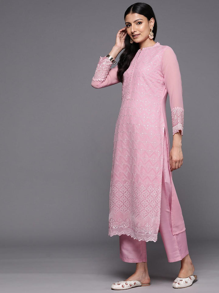Pink Embroidered Georgette Straight Suit Set With Trousers