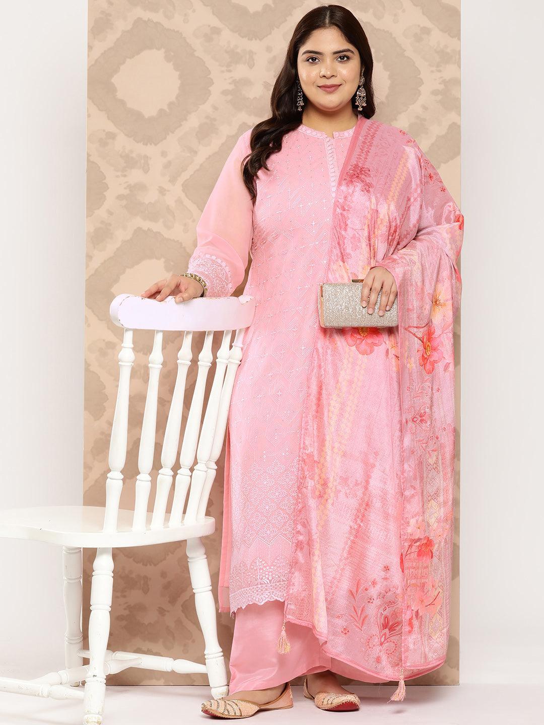 Pink Embroidered Georgette Straight Kurta With Trousers and Dupatta - Libas 