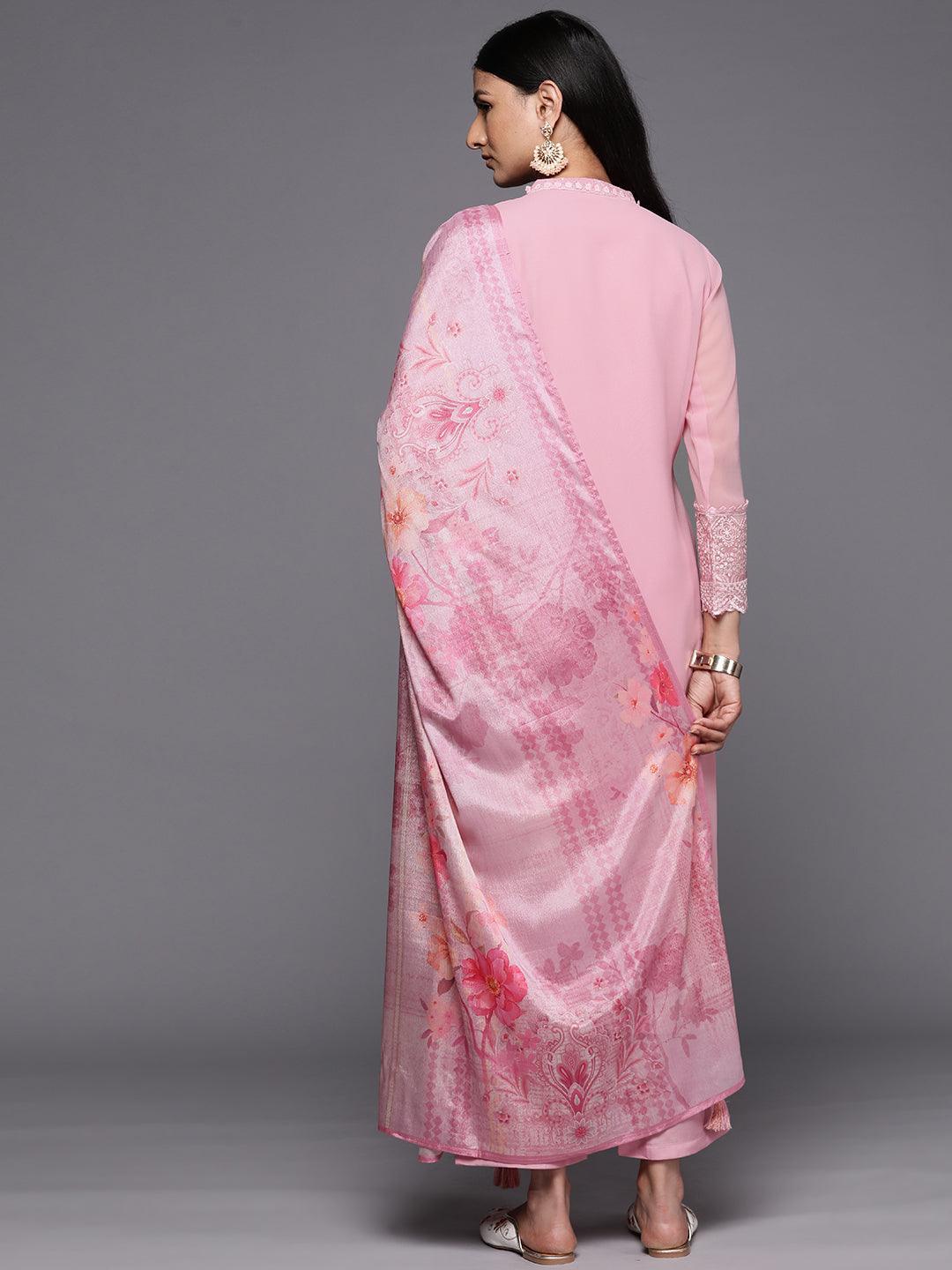 Pink Embroidered Georgette Straight Suit Set With Trousers - ShopLibas 