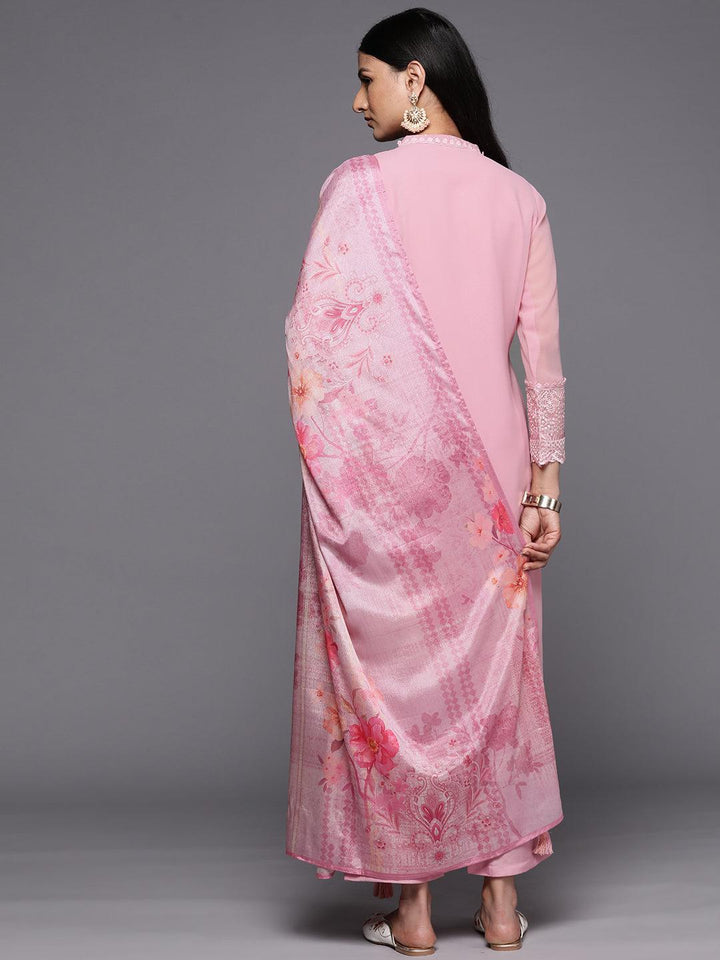 Pink Embroidered Georgette Straight Suit Set With Trousers