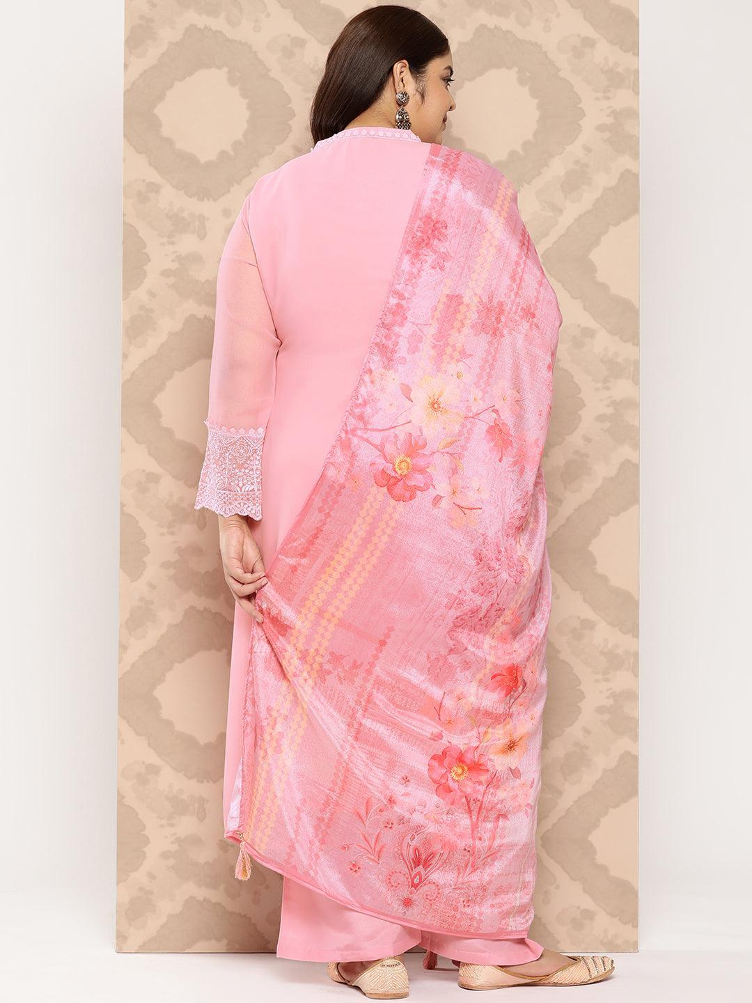 Pink Embroidered Georgette Straight Kurta With Trousers and Dupatta - Libas 
